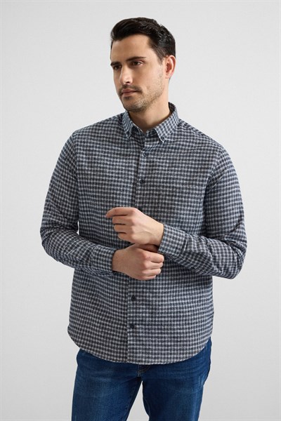 Lacivert Regular Düğmeli Yaka Kareli Casual Gömlek