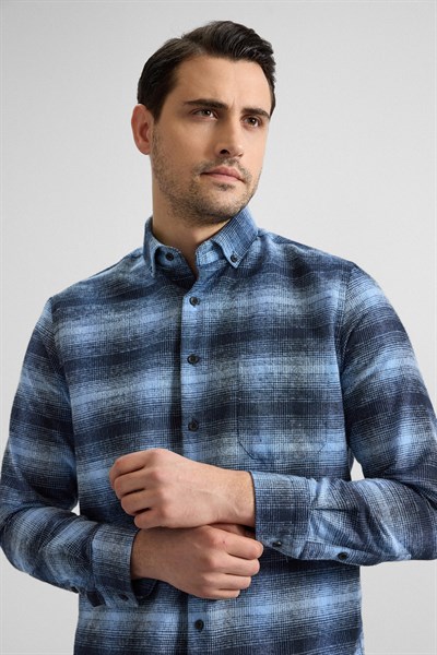 Lacivert Regular Düğmeli Yaka Kareli Casual Gömlek
