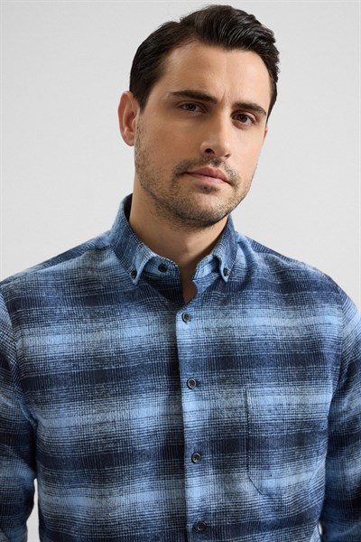 Lacivert Regular Düğmeli Yaka Kareli Casual Gömlek