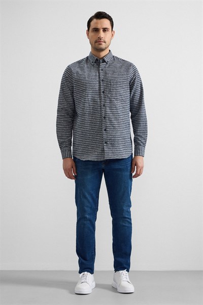 Lacivert Regular Düğmeli Yaka Kareli Casual Gömlek