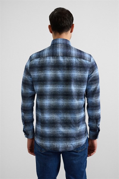 Lacivert Regular Düğmeli Yaka Kareli Casual Gömlek