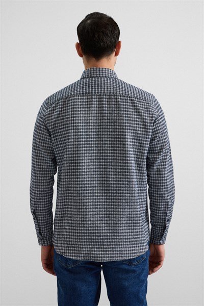 Lacivert Regular Düğmeli Yaka Kareli Casual Gömlek