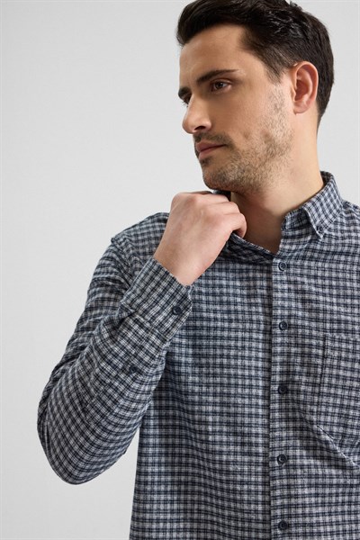 Lacivert Regular Düğmeli Yaka Kareli Casual Gömlek