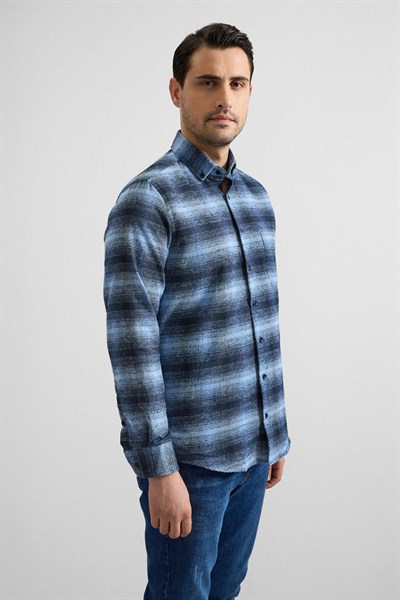 Lacivert Regular Düğmeli Yaka Kareli Casual Gömlek