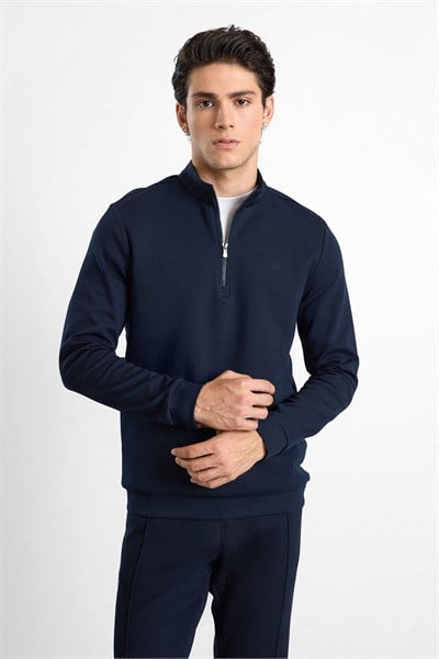 Lacivert Regular Düz Baskılı İnterlok Dik Yaka Cepsiz Sweatshirt
