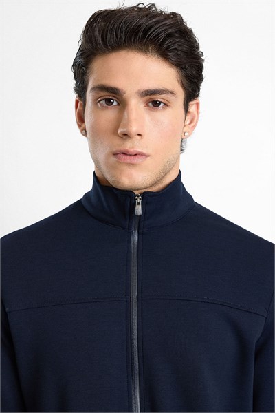 Lacivert Regular Düz Baskılı İnterlok Fermuarlı Dik Yaka Cepli Sweatshirt