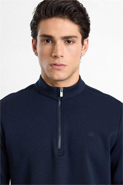 Lacivert Regular Düz Baskılı İnterlok Dik Yaka Cepsiz Sweatshirt