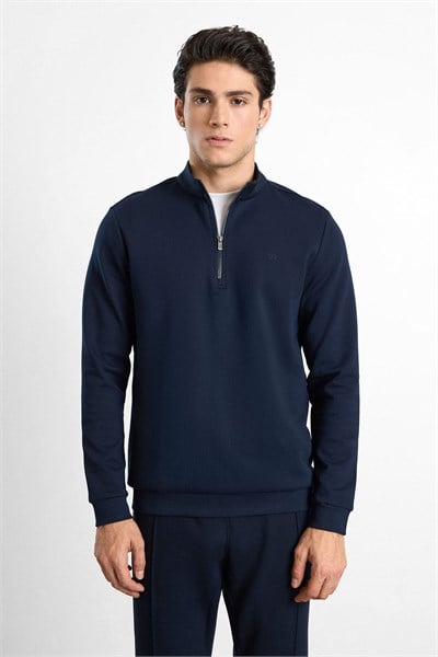 Lacivert Regular Düz Baskılı İnterlok Dik Yaka Cepsiz Sweatshirt