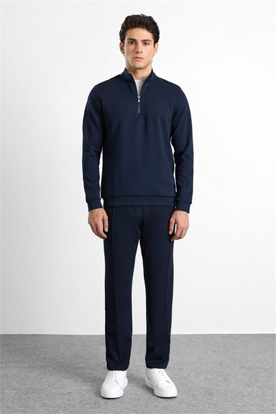 Lacivert Regular Düz Baskılı İnterlok Dik Yaka Cepsiz Sweatshirt