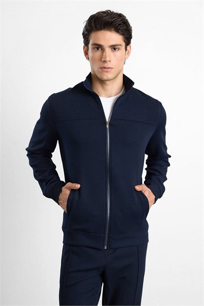 Lacivert Regular Düz Baskılı İnterlok Fermuarlı Dik Yaka Cepli Sweatshirt