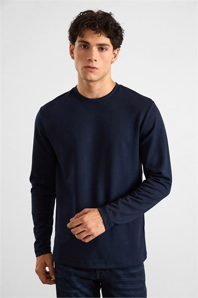 Lacivert Regular Düz Baskısız İnterlok Bisiklet Yaka Cepsiz Sweatshirt