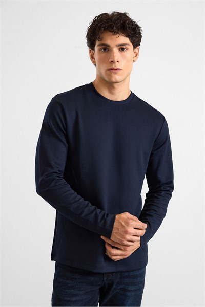 Lacivert Regular Düz Baskısız İnterlok Bisiklet Yaka Cepsiz Sweatshirt