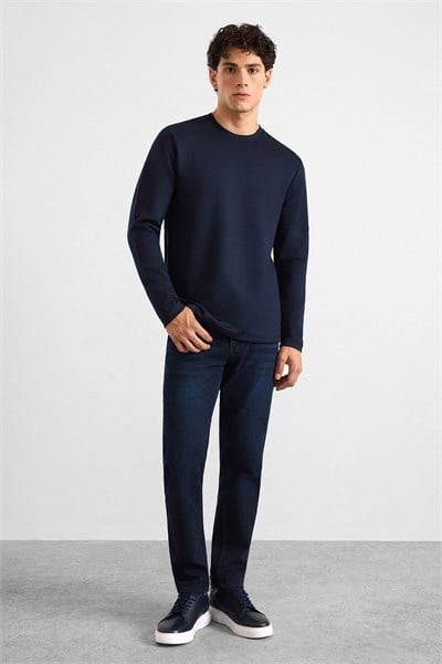 Lacivert Regular Düz Baskısız İnterlok Bisiklet Yaka Cepsiz Sweatshirt