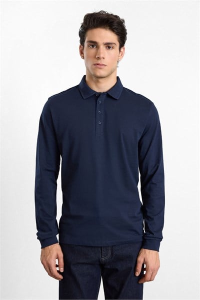Lacivert Regular Düz Baskısız Süprem Düğmeli Polo Yaka Cepsiz Sweatshirt