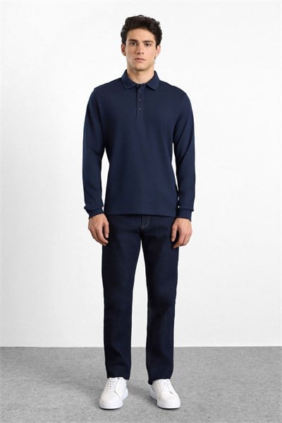 Lacivert Regular Düz Baskısız Süprem Düğmeli Polo Yaka Cepsiz Sweatshirt