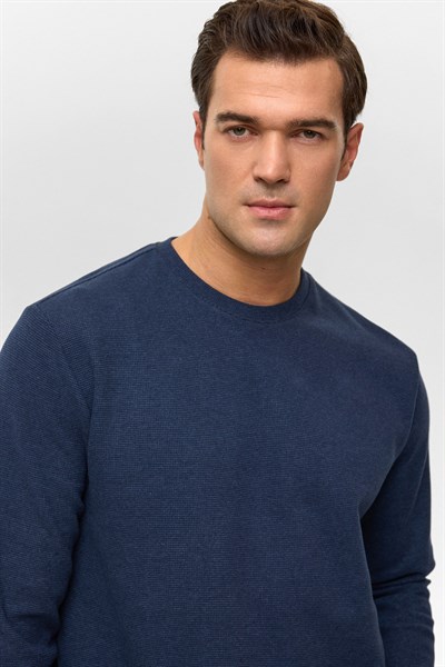 Lacivert Regular Düz Bisiklet Yaka Sweatshirt