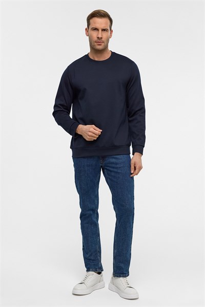 Lacivert Regular Düz Bisiklet Yaka Sweatshirt