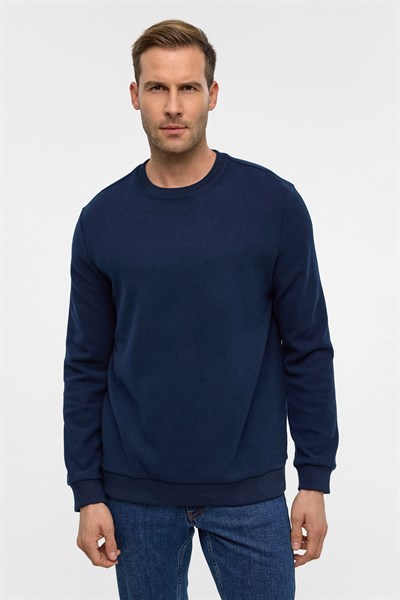 Lacivert Regular Düz Bisiklet Yaka Sweatshirt