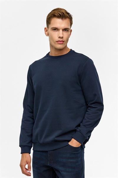 Lacivert Regular Düz Bisiklet Yaka Sweatshirt