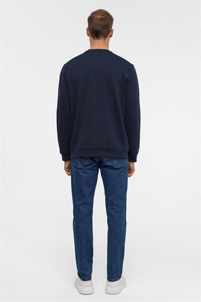 Lacivert Regular Düz Bisiklet Yaka Sweatshirt