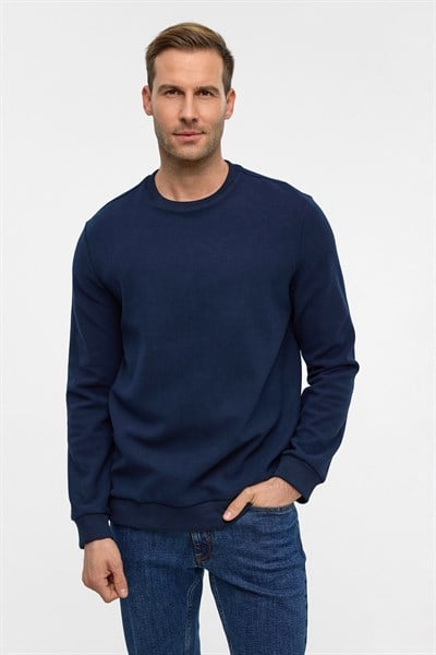 Lacivert Regular Düz Bisiklet Yaka Sweatshirt