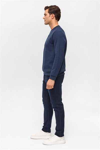 Lacivert Regular Düz Bisiklet Yaka Sweatshirt