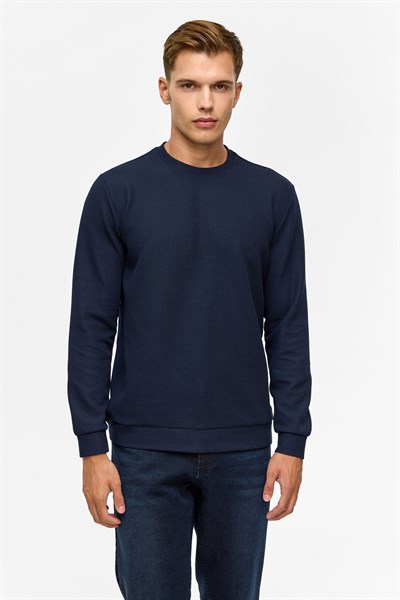 Lacivert Regular Düz Bisiklet Yaka Sweatshirt