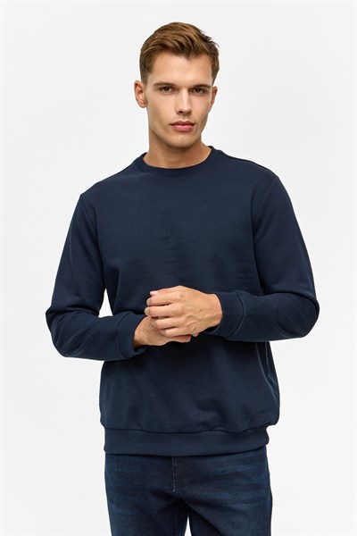 Lacivert Regular Düz Bisiklet Yaka Sweatshirt