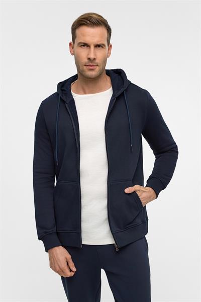 Lacivert Regular Düz Bisiklet Yaka Fermuarlı Sweatshirt