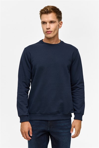 Lacivert Regular Düz Bisiklet Yaka Sweatshirt