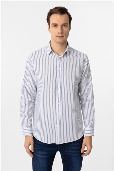 Lacivert Regular Fit Düz Düğmeli Yaka Çizgili Gömlek
