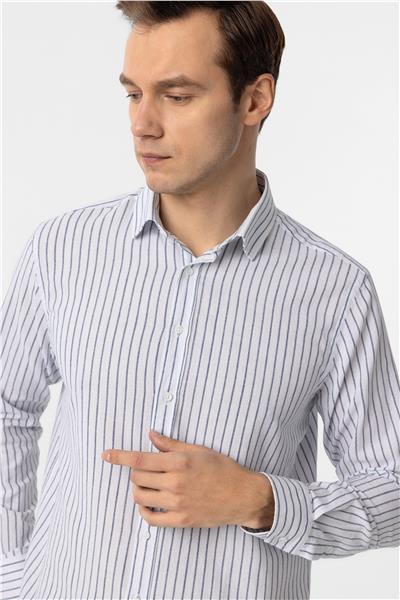 Lacivert Regular Fit Düz Düğmeli Yaka Çizgili Gömlek