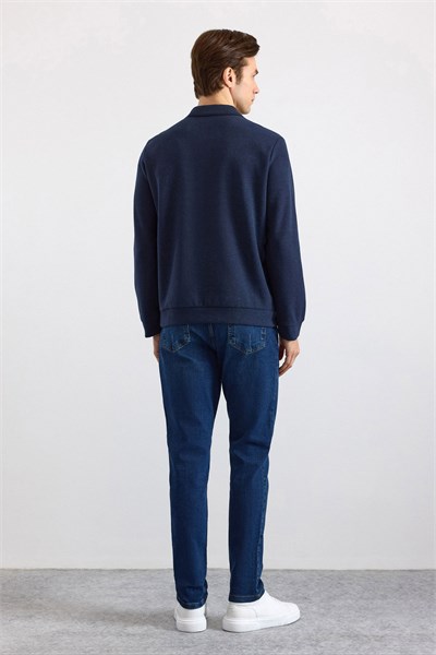 Lacivert Regular Düz Fermuarlı Polo Yaka Sweatshirt