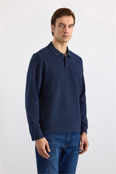 Lacivert Regular Düz Fermuarlı Polo Yaka Sweatshirt