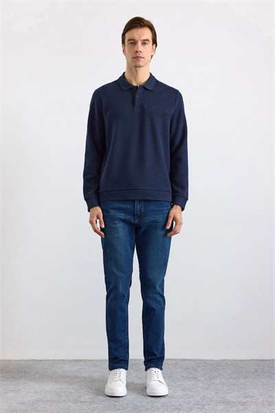 Lacivert Regular Düz Fermuarlı Polo Yaka Sweatshirt