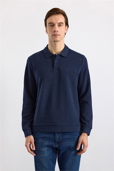 Lacivert Regular Düz Fermuarlı Polo Yaka Sweatshirt