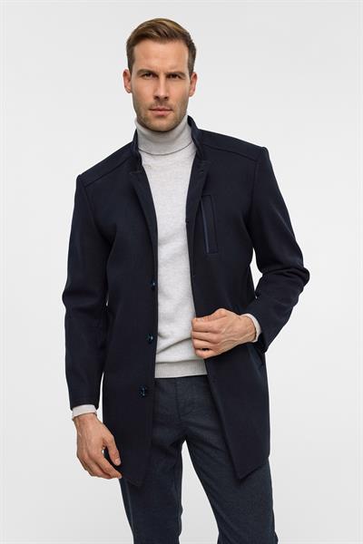 Lacivert Regular Düz Hakim Yaka Kaban