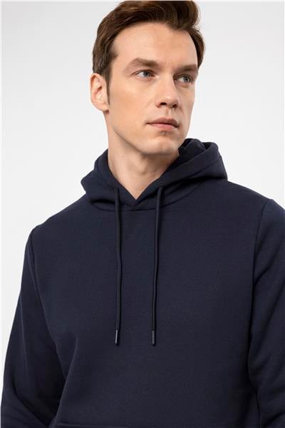 Lacivert Regular Düz Kapüşonlu Yaka Sweatshirt