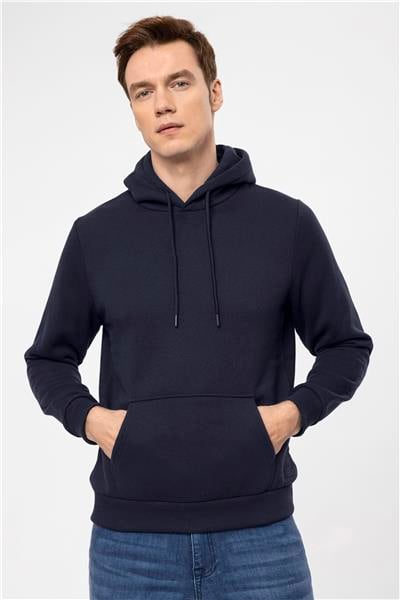 Lacivert Regular Düz Kapüşonlu Yaka Sweatshirt