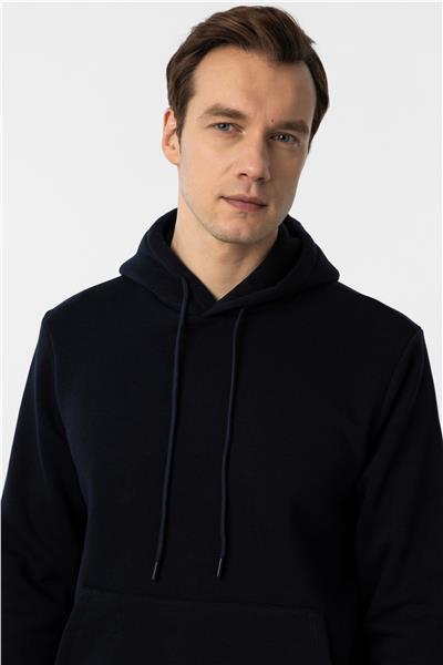 Lacivert Regular Düz Kapüşonlu Yaka Sweatshirt
