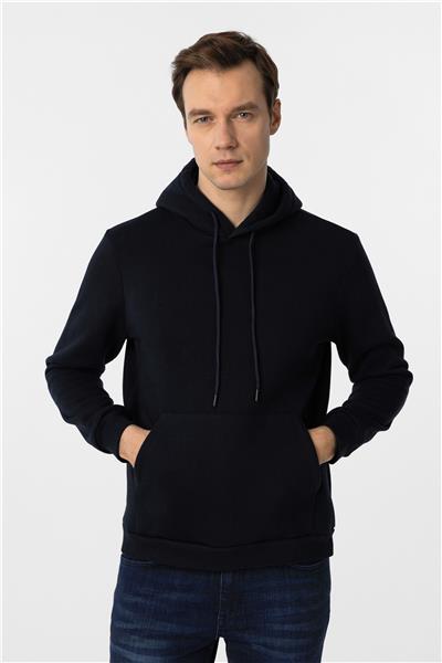 Lacivert Regular Düz Kapüşonlu Yaka Sweatshirt