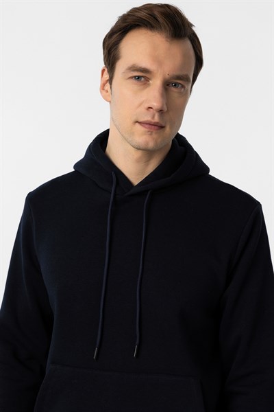 Lacivert Regular Düz Kapüşonlu Yaka Sweatshirt