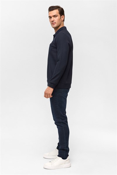 Lacivert Regular Düz Polo Yaka Sweatshirt