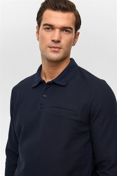 Lacivert Regular Düz Polo Yaka Sweatshirt