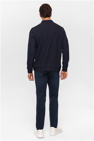 Lacivert Regular Düz Polo Yaka Sweatshirt