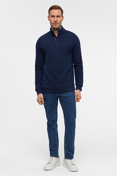 Lacivert Regular Düz Polo Yaka Sweatshirt