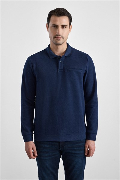 Lacivert Regular Düz Polo Yaka Sweatshirt