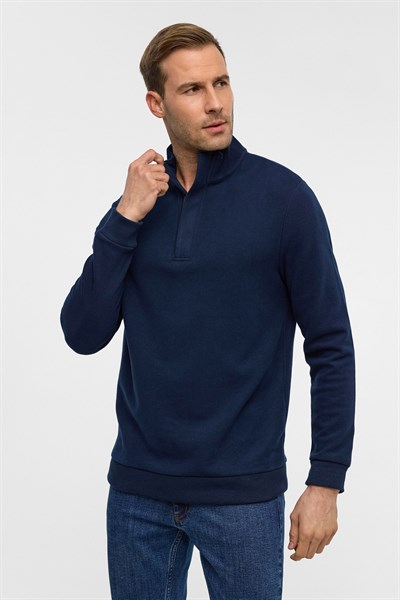 Lacivert Regular Düz Polo Yaka Sweatshirt