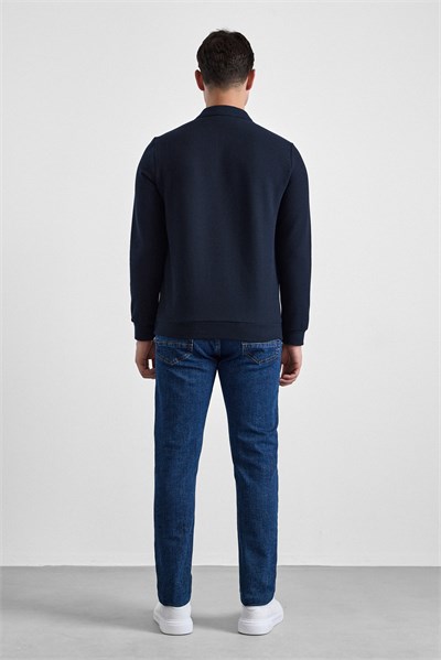Lacivert Regular Düz Polo Yaka Sweatshirt