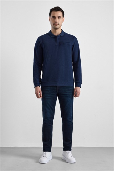 Lacivert Regular Düz Polo Yaka Sweatshirt